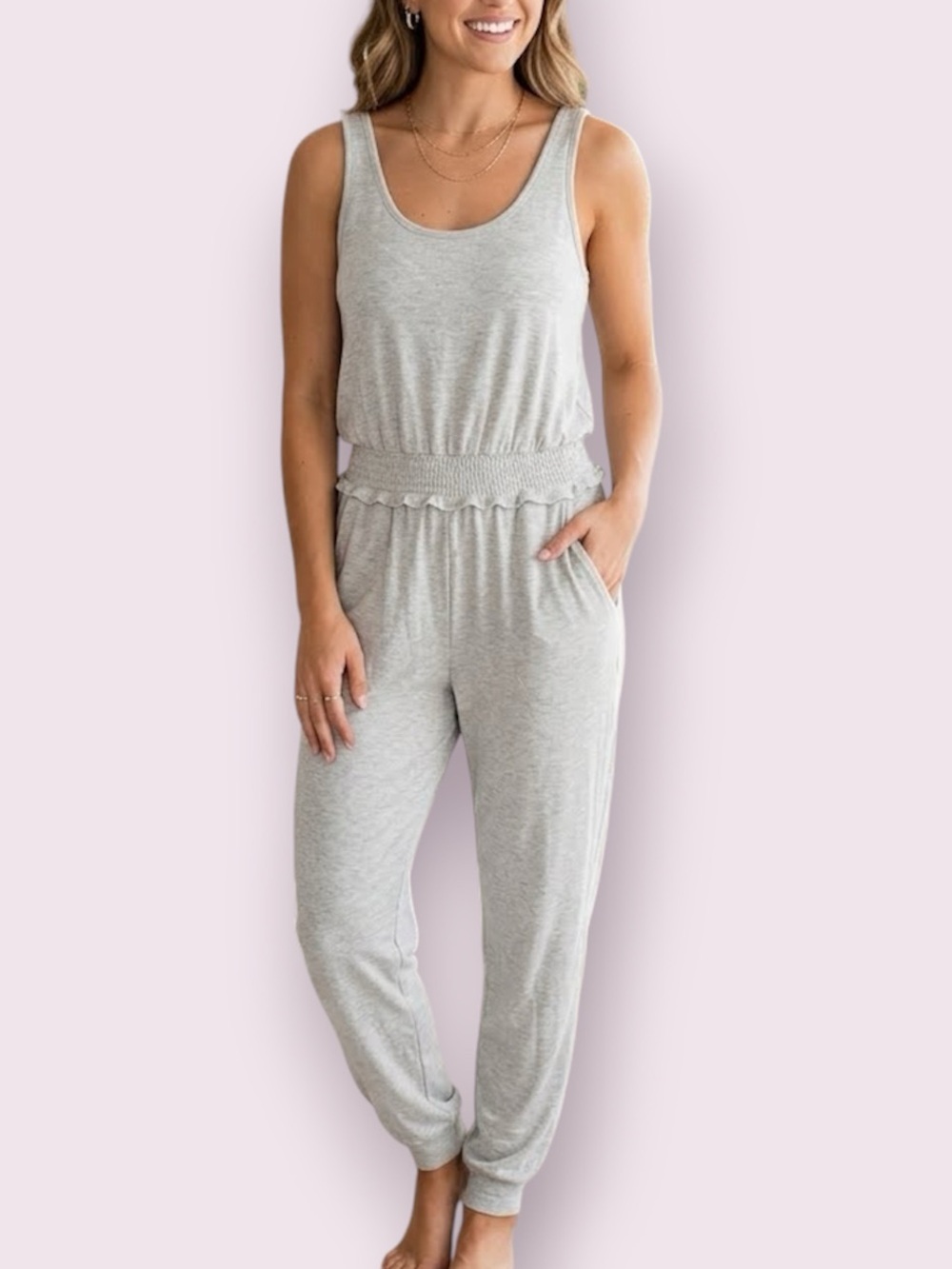 Spiritual Gangster Ribbed Perfect Lounge Sleeveless Jumpsuit Gray XS
